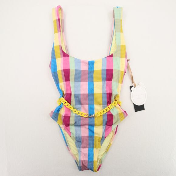 Gianni Bini x Jess Southern Plaid One Piece Swimsuit Scoop Neck Ruffle XS NWT - Picture 2 of 12